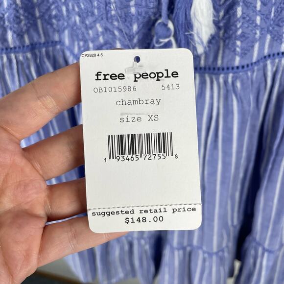 Free People NWT Lola Embroidered Tiered Mini Dress Chambray Blue Babydoll XS - Picture 7 of 12